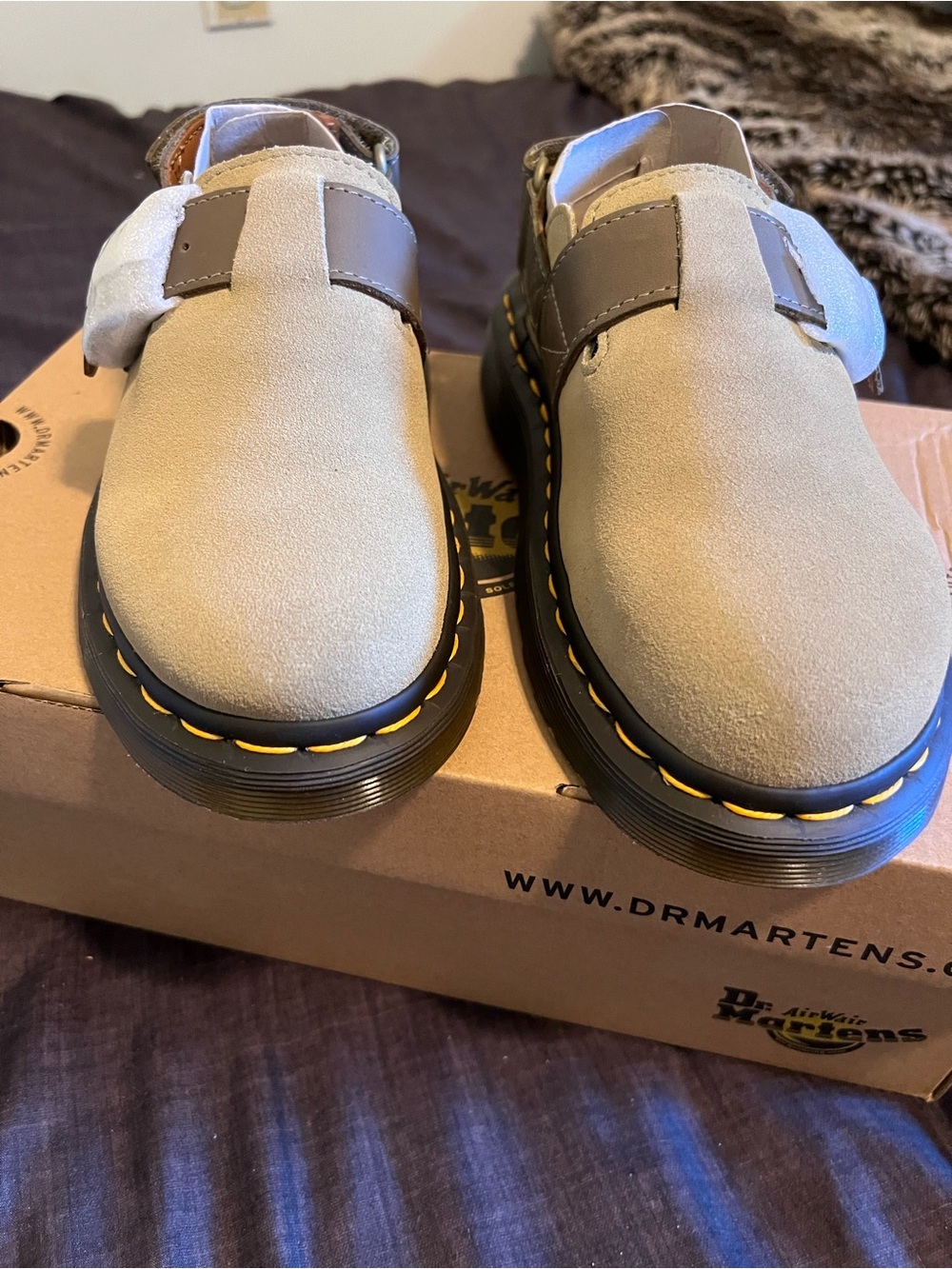 Dr. Martens Kids Beige Suede Buckle Clog with Yellow Stitching